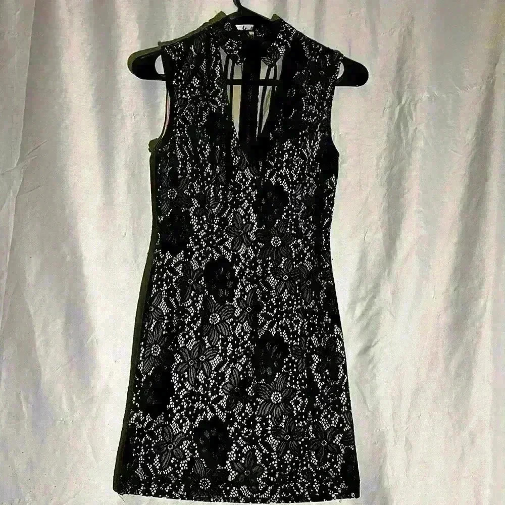 Black lace Privy Dress with‎ nude underlining, size Small.